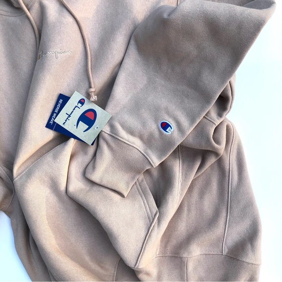 Champion Reverse Weave Hoodie Sweatshirt Chest Logo Nude Tan Unisex - Picture 6 of 12